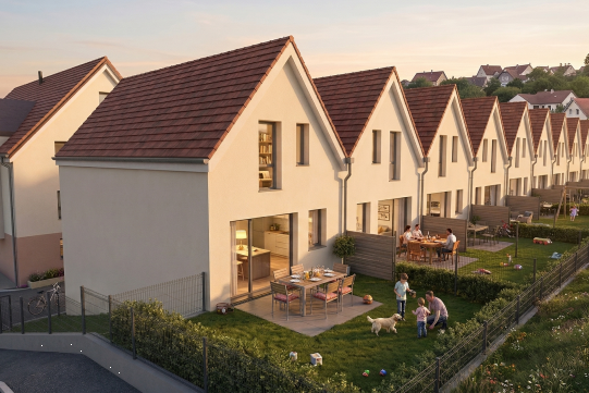 Vue sur les 10 maisons accolées, côté jardin